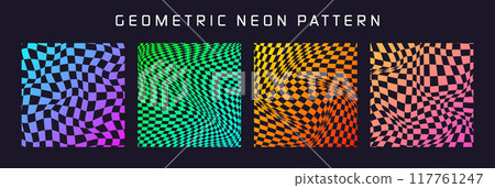 Groovy checkered pattern, colorful distorted tiled grid. Vintage wavy curved backdrop, distortion effect. Funky geometric chessboard texture, retro background in 90s style, y2k. Vector illustration Groovy checkered pattern, colorful distorted tiled grid. Vintage wavy curved backdrop, distortion effect. Funky geometric chessboard texture, retro background in 90s style, y2k. Vector illustration 117761247