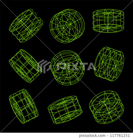 Wireframe lined shapes. Perspective mesh, 3d grid. Low poly geometric elements. Retro futuristic design elements, y2k, vaporwave and synthwave style. Vector illustration 117761251