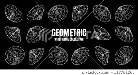 Wireframe lined shapes. Perspective mesh, 3d grid. Low poly geometric elements. Retro futuristic design elements, y2k, vaporwave and synthwave style. Vector illustration 117761263