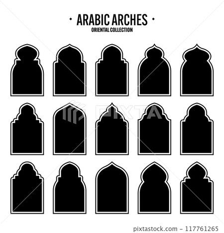 Islamic frames, oriental style objects. Arabic shapes, windows and arches. Traditional ornamental banner, frame. Muslim holidays, Ramadan Kareem. Modern eastern architecture. Vector illustration Islamic frames, oriental style objects. Arabic shapes, windows and arches. Traditional ornamental banner, frame. Muslim holidays, Ramadan Kareem. Modern eastern architecture. Vector illustration 117761265