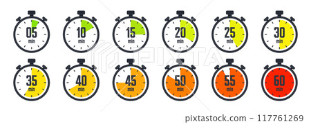 Stopwatch icons. Colorful simple chronometer, time counter with dial. Countdown timer showing hours and minutes. Deadline, measurement for sport. Cooking time label, sticker. Vector illustration Stopwatch icons. Colorful simple chronometer, time counter with dial. Countdown timer showing hours and minutes. Deadline, measurement for sport. Cooking time label, sticker. Vector illustration 117761269