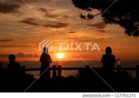 在新潟縣柏崎市夕陽丘公園觀賞日本海的日落 在新潟縣柏崎市夕陽丘公園觀賞日本海的日落 117761273