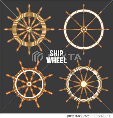 Wooden vintage steering wheels. Ship, sailboat or yacht retro wheel symbol. Brown nautical rudder icon. Marine logotype design element. Vector illustration 117761284