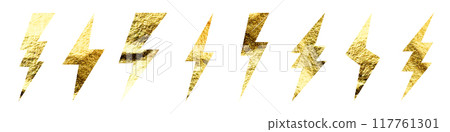 Golden lightning bolt icons collection. Gold foil texture. Flash symbol, thunderbolt. Simple lightning strike sign. Vector illustration 117761301