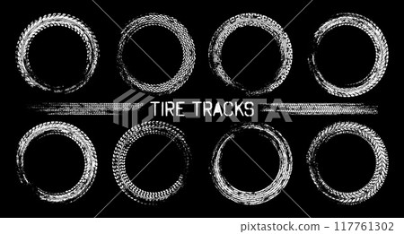 Grunge circle tire tracks, wheel braking marks. Truck, car or motorcycle tread pattern silhouettes. Auto race, motorsport, speed racing design element. Vector illustration 117761302