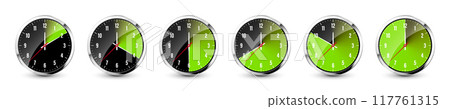 Wall clock, stopwatch icons. Shiny metal chronometer, time counter with dial. Green countdown timer showing minutes and seconds. Time measurement for sport, start and finish. Vector illustration 117761315