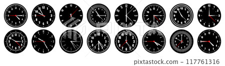 Mechanical clock faces with hands, bezel. Watch dial with minute, hour marks and numbers, arabic numerals. Timer or stopwatch element. Measuring circle scale with divisions. Vector illustration 117761316