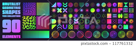 Brutalist geometric shapes, neon modern symbols. Groovy checkered pattern, distorted tiled grid. Simple elements, forms. Retro design, trendy contemporary minimalist style, y2k. Vector illustration Brutalist geometric shapes, neon modern symbols. Groovy checkered pattern, distorted tiled grid. Simple elements, forms. Retro design, trendy contemporary minimalist style, y2k. Vector illustration 117761332
