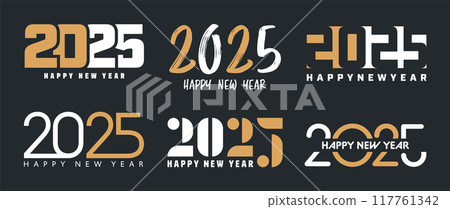 Set of 2025 Happy New Year greeting text designs. Christmas banner, poster, festive greeting card or seasonal promotion template. Collection of 2025 numbers with greetings. Vector illustration Set of 2025 Happy New Year greeting text designs. Christmas banner, poster, festive greeting card or seasonal promotion template. Collection of 2025 numbers with greetings. Vector illustration 117761342