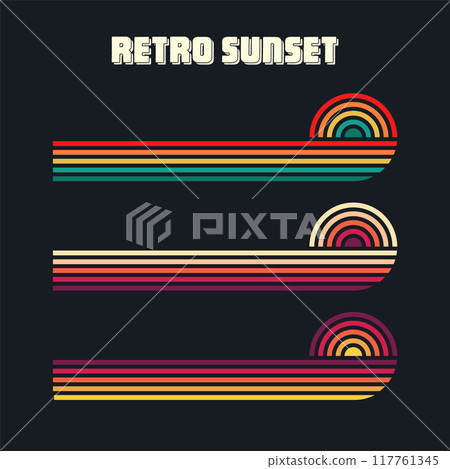 Vintage sunset collection. Various colorful striped sunrise badges in 80s and 90s style. Sun and ocean view, summer vibes, surfing. Design element for print, logo or t-shirt. Vector illustration Vintage sunset collection. Various colorful striped sunrise badges in 80s and 90s style. Sun and ocean view, summer vibes, surfing. Design element for print, logo or t-shirt. Vector illustration 117761345