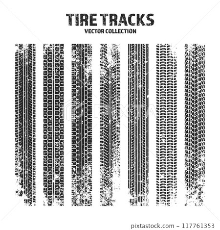 Grunge tire tracks, wheel braking marks. Truck, car or motorcycle tread pattern silhouettes. Auto race, motorsport, speed racing design element. Vector illustration Grunge tire tracks, wheel braking marks. Truck, car or motorcycle tread pattern silhouettes. Auto race, motorsport, speed racing design element. Vector illustration 117761353