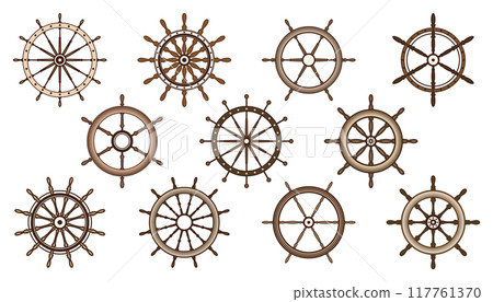 Wooden vintage steering wheels. Ship, sailboat or yacht retro wheel symbol. Brown nautical rudder icon. Marine logotype design element. Vector illustration 117761370