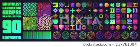 Brutalist geometric shapes, neon modern symbols. Groovy checkered pattern, distorted tiled grid. Simple elements, forms. Retro design, trendy contemporary minimalist style, y2k. Vector illustration 117761394