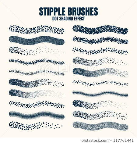 Stipple scatter brush, ink drawing and texturing. Fading gradient. Stippling, dotwork drawing, shading using dots. Halftone disintegration effect. White noise grainy texture. Vector illustration 117761441