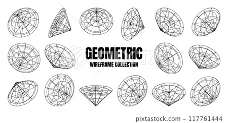 Wireframe lined shapes. Perspective mesh, 3d grid. Low poly geometric elements. Retro futuristic design elements, y2k, vaporwave and synthwave style. Vector illustration Wireframe lined shapes. Perspective mesh, 3d grid. Low poly geometric elements. Retro futuristic design elements, y2k, vaporwave and synthwave style. Vector illustration 117761444