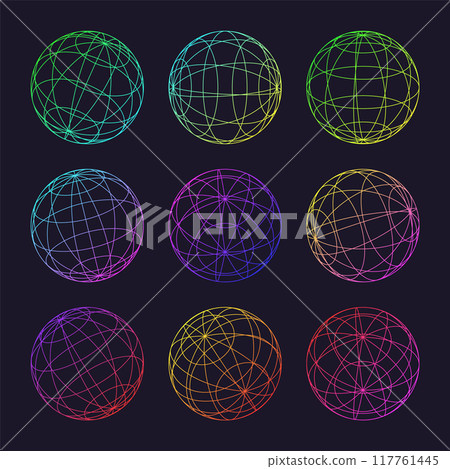 Neon wireframe shapes, lined sphere. Perspective mesh, 3d grid. Low poly geometric elements. Retro futuristic design elements, y2k, vaporwave and synthwave style. Vector illustration Neon wireframe shapes, lined sphere. Perspective mesh, 3d grid. Low poly geometric elements. Retro futuristic design elements, y2k, vaporwave and synthwave style. Vector illustration 117761445