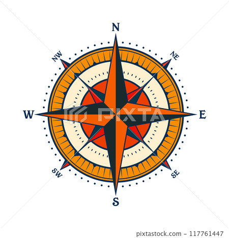 Vintage marine wind rose, nautical chart. Colorful navigational compass with cardinal directions of North, East, South, West. Geographical position, cartography and navigation. Vector illustration Vintage marine wind rose, nautical chart. Colorful navigational compass with cardinal directions of North, East, South, West. Geographical position, cartography and navigation. Vector illustration 117761447