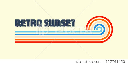 Horizontal vintage sunset. Various colorful striped sunrise badges in 80s and 90s style. Sun and ocean view, summer vibes, surfing. Design element, print, logo or t-shirt. Vector illustration Horizontal vintage sunset. Various colorful striped sunrise badges in 80s and 90s style. Sun and ocean view, summer vibes, surfing. Design element, print, logo or t-shirt. Vector illustration 117761450