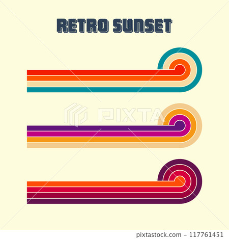 Horizontal vintage sunsets. Various colorful striped sunrise badges in 80s and 90s style. Sun and ocean view, summer vibes, surfing. Design element, print, logo or t-shirt. Vector illustration 117761451