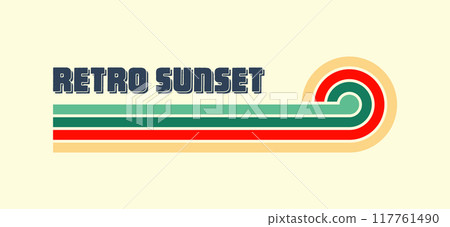 Horizontal vintage sunset. Various colorful striped sunrise badges in 80s and 90s style. Sun and ocean view, summer vibes, surfing. Design element, print, logo or t-shirt. Vector illustration Horizontal vintage sunset. Various colorful striped sunrise badges in 80s and 90s style. Sun and ocean view, summer vibes, surfing. Design element, print, logo or t-shirt. Vector illustration 117761490