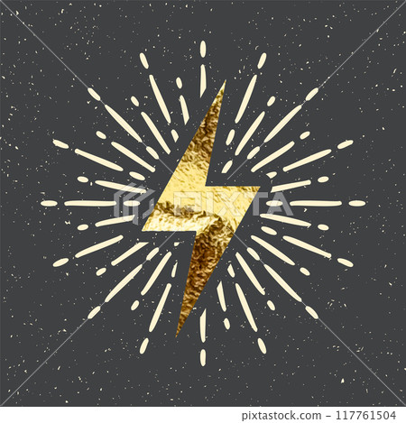 Vintage golden lightning bolt and sun rays. Gold foil texture. Lightning with sunburst effect. Thunderbolt, electric shock sign. Vector illustration 117761504