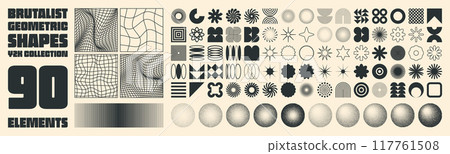 Brutalist geometric shapes, modern symbols. Groovy checkered pattern, distorted tiled grid. Simple elements, forms. Retro design, trendy contemporary minimalist style, y2k. Vector illustration 117761508