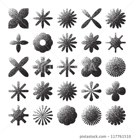 Brutalist geometric shapes, dotted objects. Stipple elements modern symbols. Simple primitive forms. Retro design, trendy contemporary minimalist style, y2k. Dot shading, drawing. Vector illustration 117761510