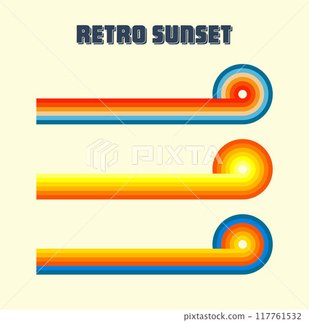 Horizontal vintage sunsets. Various colorful striped sunrise badges in 80s and 90s style. Sun and ocean view, summer vibes, surfing. Design element, print, logo or t-shirt. Vector illustration 117761532