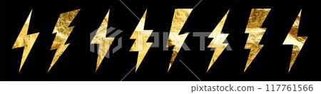 Golden lightning bolt icons collection. Gold foil texture. Flash symbol, thunderbolt. Simple lightning strike sign. Vector illustration Golden lightning bolt icons collection. Gold foil texture. Flash symbol, thunderbolt. Simple lightning strike sign. Vector illustration 117761566