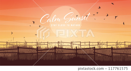 Meadow silhouettes with grass and old wooden fence. Countryside, panoramic summer lawn rural landscape with herbs, weeds. Agriculture and farming. Summer sunset in nature. Vector illustration Meadow silhouettes with grass and old wooden fence. Countryside, panoramic summer lawn rural landscape with herbs, weeds. Agriculture and farming. Summer sunset in nature. Vector illustration 117761575