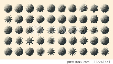 Brutalist geometric shapes, dotted objects. Stipple elements modern symbols. Simple primitive forms. Retro design, trendy contemporary minimalist style, y2k. Dot shading, drawing. Vector illustration 117761631