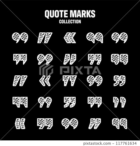 Hatched text quotation marks. Hand drawn quotes icon. Typographic speech mark symbol. Vector illustration. Message or comment. Vector illustration Hatched text quotation marks. Hand drawn quotes icon. Typographic speech mark symbol. Vector illustration. Message or comment. Vector illustration 117761634