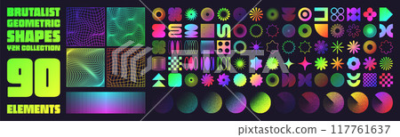 Brutalist geometric shapes, neon modern symbols. Groovy checkered pattern, distorted tiled grid. Simple elements, forms. Retro design, trendy contemporary minimalist style, y2k. Vector illustration Brutalist geometric shapes, neon modern symbols. Groovy checkered pattern, distorted tiled grid. Simple elements, forms. Retro design, trendy contemporary minimalist style, y2k. Vector illustration 117761637