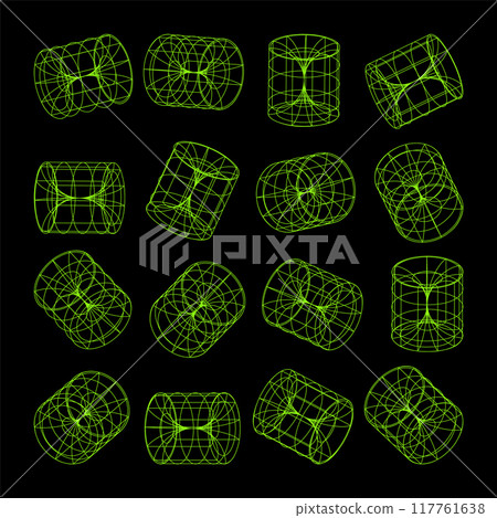 Wireframe lined shapes. Perspective mesh, 3d grid. Low poly geometric elements. Retro futuristic design elements, y2k, vaporwave and synthwave style. Vector illustration 117761638