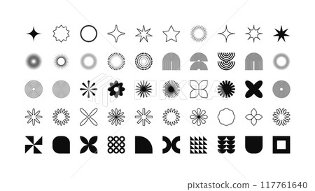 Brutalist geometric shapes, modern symbols. Simple primitive elements and forms. Retro design, trendy contemporary minimalist style, y2k. Vector illustration 117761640