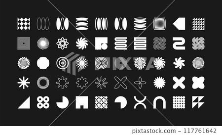 Brutalist geometric shapes, modern symbols. Simple primitive elements and forms. Retro design, trendy contemporary minimalist style, y2k. Vector illustration 117761642