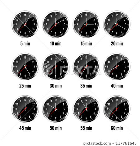 Wall clock, stopwatch icons. Shiny metal chronometer, time counter with dial. Countdown timer showing minutes and seconds. Time measurement for sport, start and finish. Vector illustration Wall clock, stopwatch icons. Shiny metal chronometer, time counter with dial. Countdown timer showing minutes and seconds. Time measurement for sport, start and finish. Vector illustration 117761643