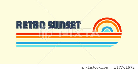 Horizontal vintage sunset. Various colorful striped sunrise badges in 80s and 90s style. Sun and ocean view, summer vibes, surfing. Design element, print, logo or t-shirt. Vector illustration 117761672