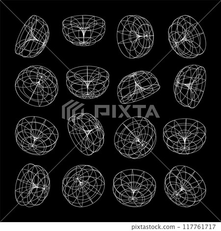 Wireframe lined shapes. Perspective mesh, 3d grid. Low poly geometric elements. Retro futuristic design elements, y2k, vaporwave and synthwave style. Vector illustration Wireframe lined shapes. Perspective mesh, 3d grid. Low poly geometric elements. Retro futuristic design elements, y2k, vaporwave and synthwave style. Vector illustration 117761717