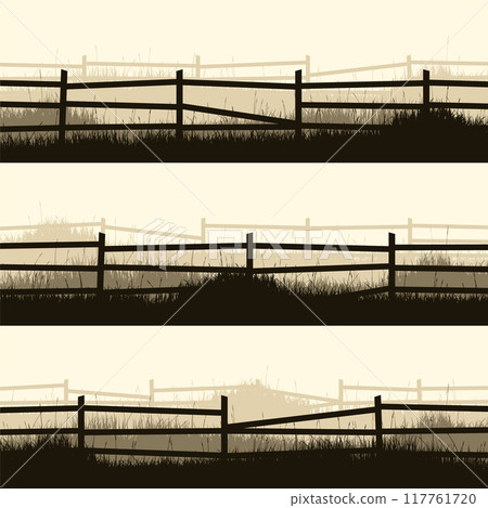 Meadow silhouettes with grass and old wooden fence. Countryside, panoramic summer lawn rural landscape with herbs, weeds. Herbal border, frame element. Brown horizontal banners. Vector illustration Meadow silhouettes with grass and old wooden fence. Countryside, panoramic summer lawn rural landscape with herbs, weeds. Herbal border, frame element. Brown horizontal banners. Vector illustration 117761720