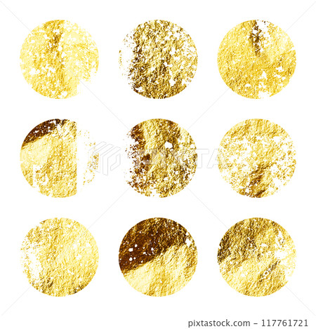 Grunge gold foil, shiny handmade circles. Golden glittering texture, pattern. Luxury shining hand drawn background. Wedding, greeting card decoration elements. Modern art. Vector illustration Grunge gold foil, shiny handmade circles. Golden glittering texture, pattern. Luxury shining hand drawn background. Wedding, greeting card decoration elements. Modern art. Vector illustration 117761721