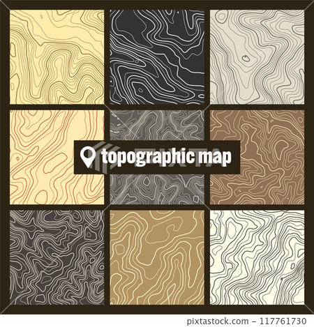 Colorful topographic map with contour lines. Geographic terrain grid, relief height elevation. Ground path pattern. Travel and navigation, cartography design element. Vector illustration 117761730