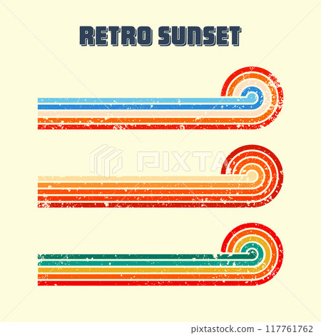 Grunge horizontal vintage sunsets. Various colorful striped sunrise badges in 80s and 90s style. Sun and ocean view, summer vibes, surfing. Design element, print, logo or t-shirt. Vector illustration 117761762