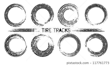 Grunge circle tire tracks, wheel braking marks. Truck, car or motorcycle tread pattern silhouettes. Auto race, motorsport, speed racing design element. Vector illustration 117761773