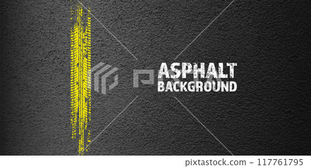Yellow grunge tire tracks, wheel braking marks. Truck, car or motorcycle tread pattern silhouettes. Auto race, motorsport, speed racing design element. Asphalt texture. Vector illustration Yellow grunge tire tracks, wheel braking marks. Truck, car or motorcycle tread pattern silhouettes. Auto race, motorsport, speed racing design element. Asphalt texture. Vector illustration 117761795