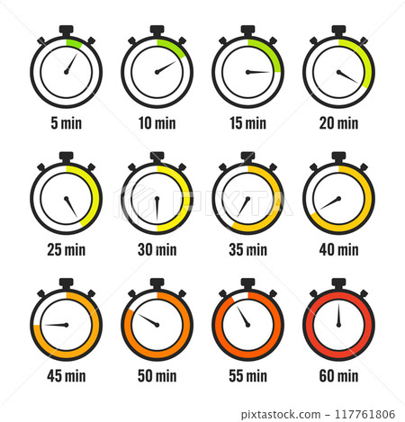 Stopwatch icons. Colorful simple chronometer, time counter with dial. Countdown timer showing hours and minutes. Deadline, measurement for sport. Cooking time label, sticker. Vector illustration Stopwatch icons. Colorful simple chronometer, time counter with dial. Countdown timer showing hours and minutes. Deadline, measurement for sport. Cooking time label, sticker. Vector illustration 117761806