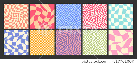 Groovy checkered pattern, colorful distorted tiled grid. Vintage wavy curved backdrop, distortion effect. Funky geometric chessboard texture, retro background in 90s style, y2k. Vector illustration 117761807