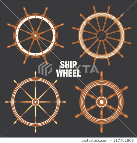 Wooden vintage steering wheels. Ship, sailboat or yacht retro wheel symbol. Brown nautical rudder icon. Marine logotype design element. Vector illustration 117761808