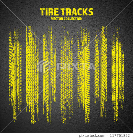 Yellow grunge tire tracks, wheel braking marks. Truck, car or motorcycle tread pattern silhouettes. Auto race, motorsport, speed racing design element. Asphalt texture. Vector illustration 117761832