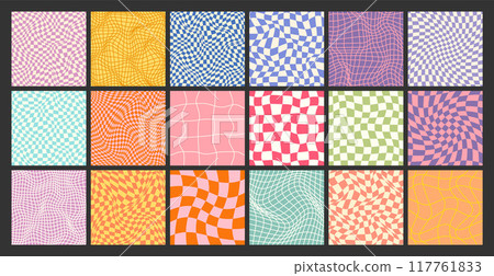 Groovy checkered pattern, colorful distorted tiled grid. Vintage wavy curved backdrop, distortion effect. Funky geometric chessboard texture, retro background in 90s style, y2k. Vector illustration Groovy checkered pattern, colorful distorted tiled grid. Vintage wavy curved backdrop, distortion effect. Funky geometric chessboard texture, retro background in 90s style, y2k. Vector illustration 117761833